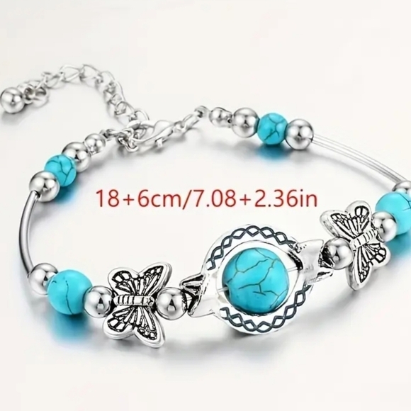 Trendy Turquoise Decor Butterfly Charm Bracelet, Vintage Style - Picture 5 of 6